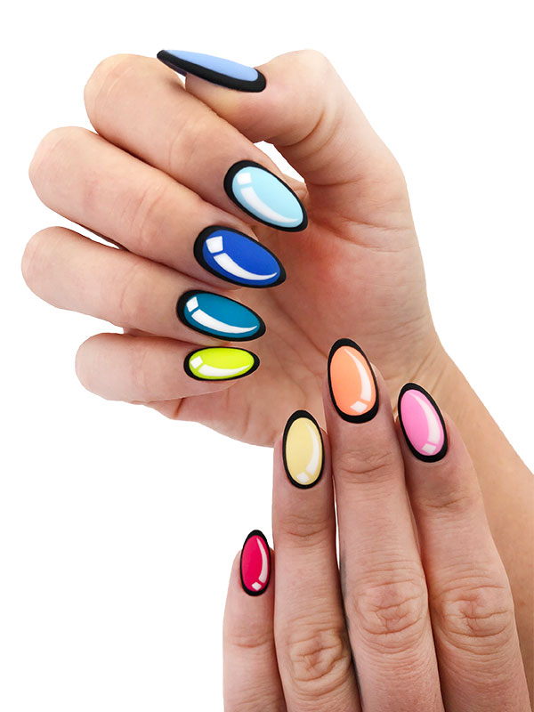 Colorful graphic nail art at Nail Art Department